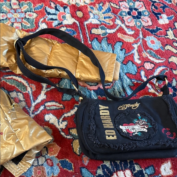 Ed Hardy Navy and Gold Embroidered Crossbody Bag - Picture 1 of 6